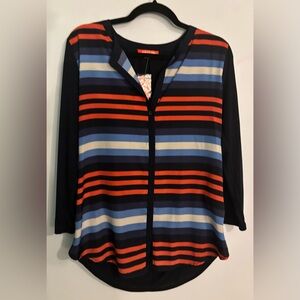 NWT Joe Fresh Womens Med Woven Front Knit Back Red White Blue Long Sleeve Button